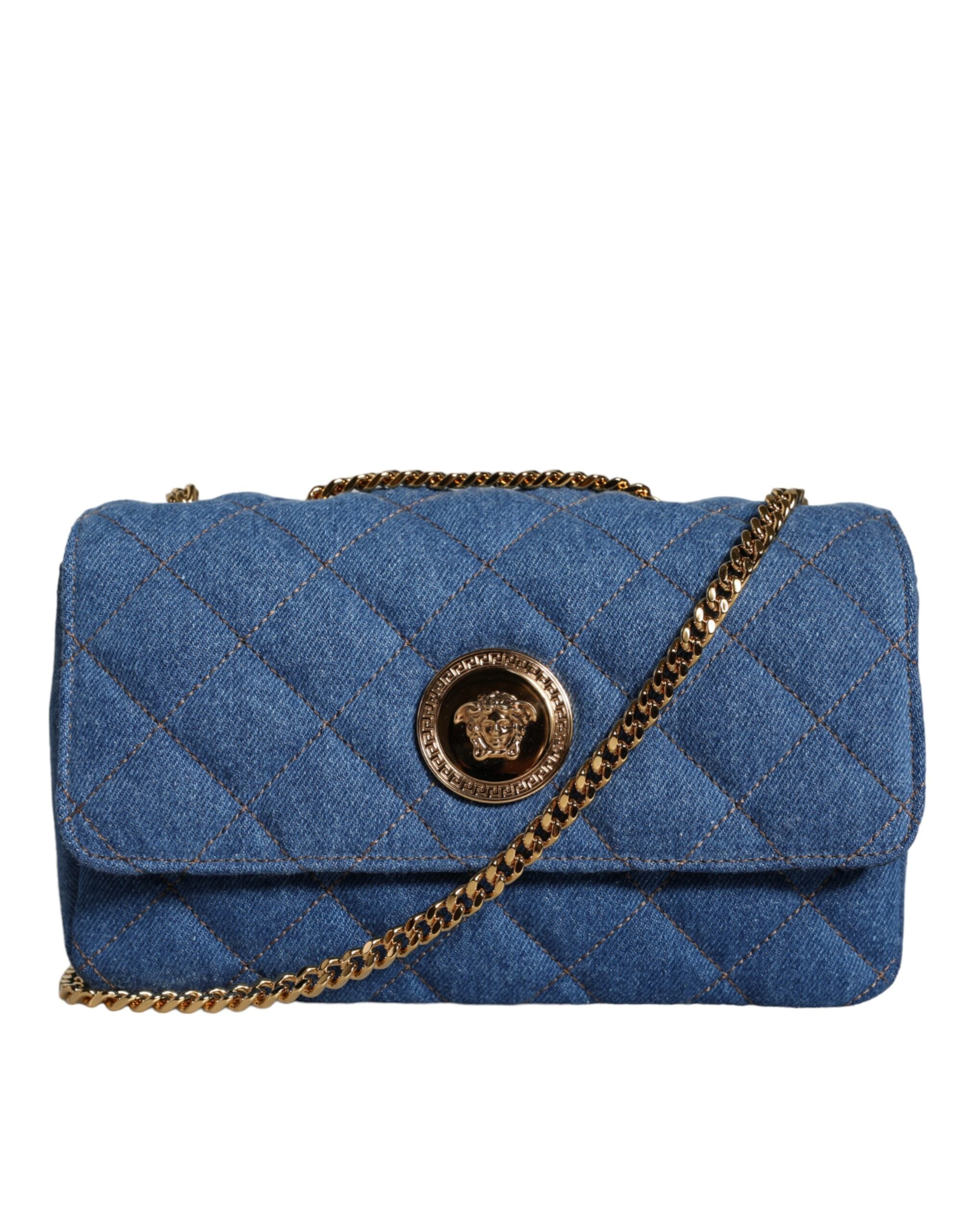 Versace Blå Quilted Denim Läder Axelremsväska