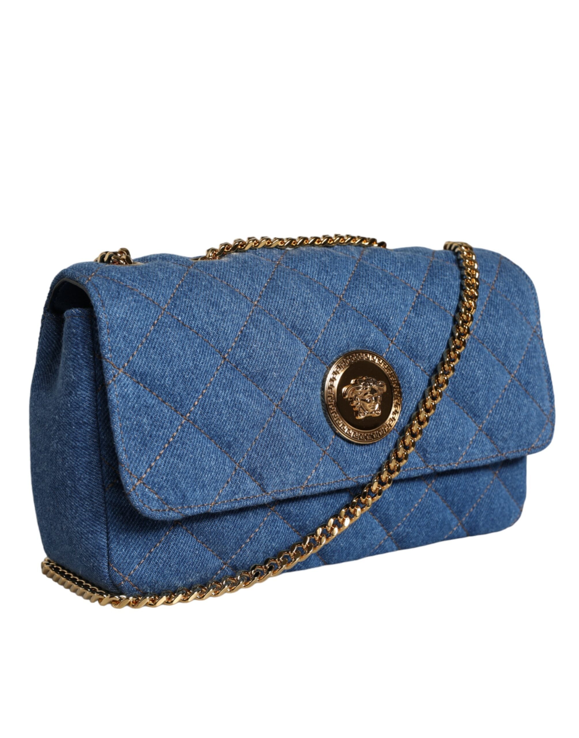Versace Blå Quilted Denim Läder Axelremsväska