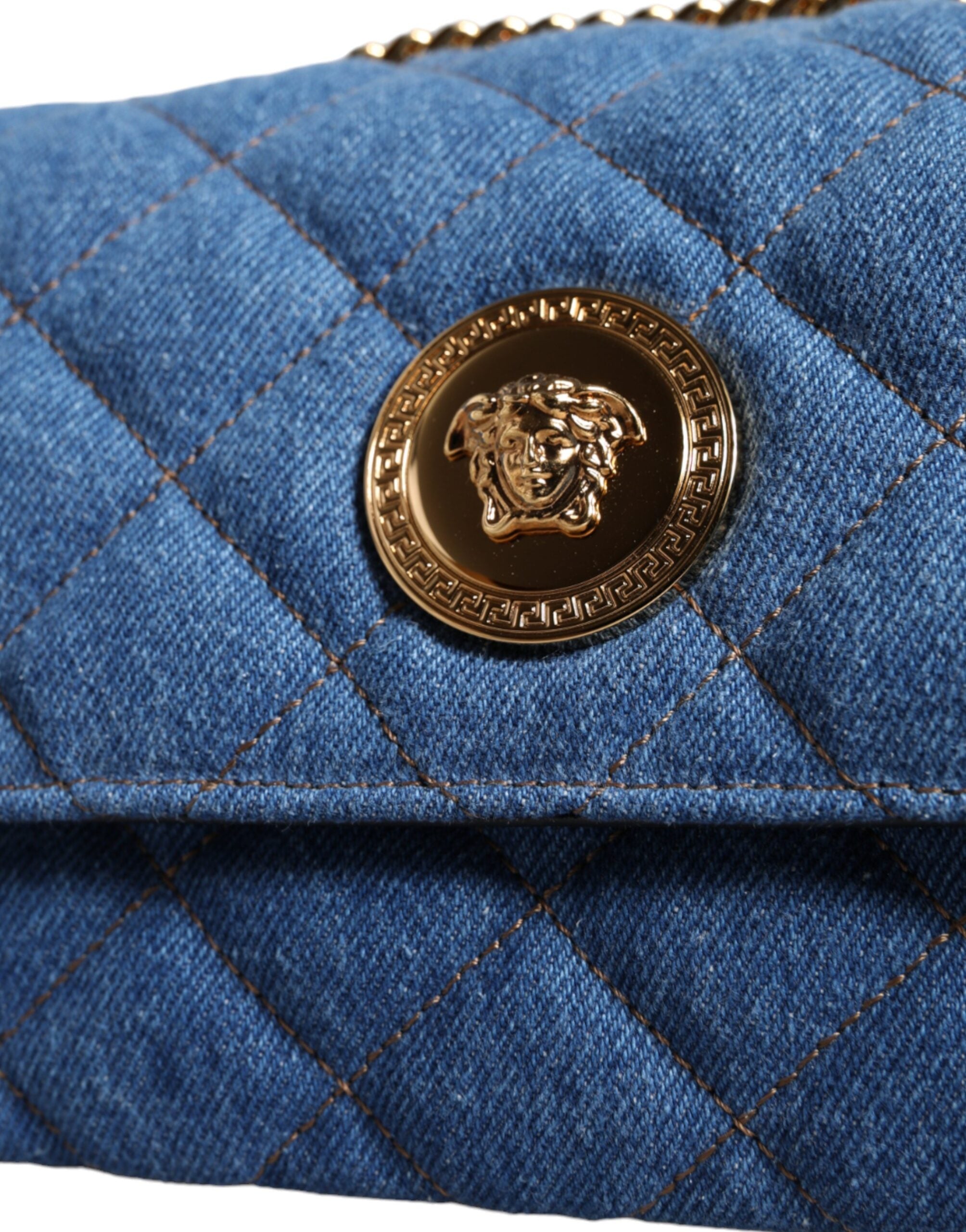 Versace Blå Quilted Denim Läder Axelremsväska
