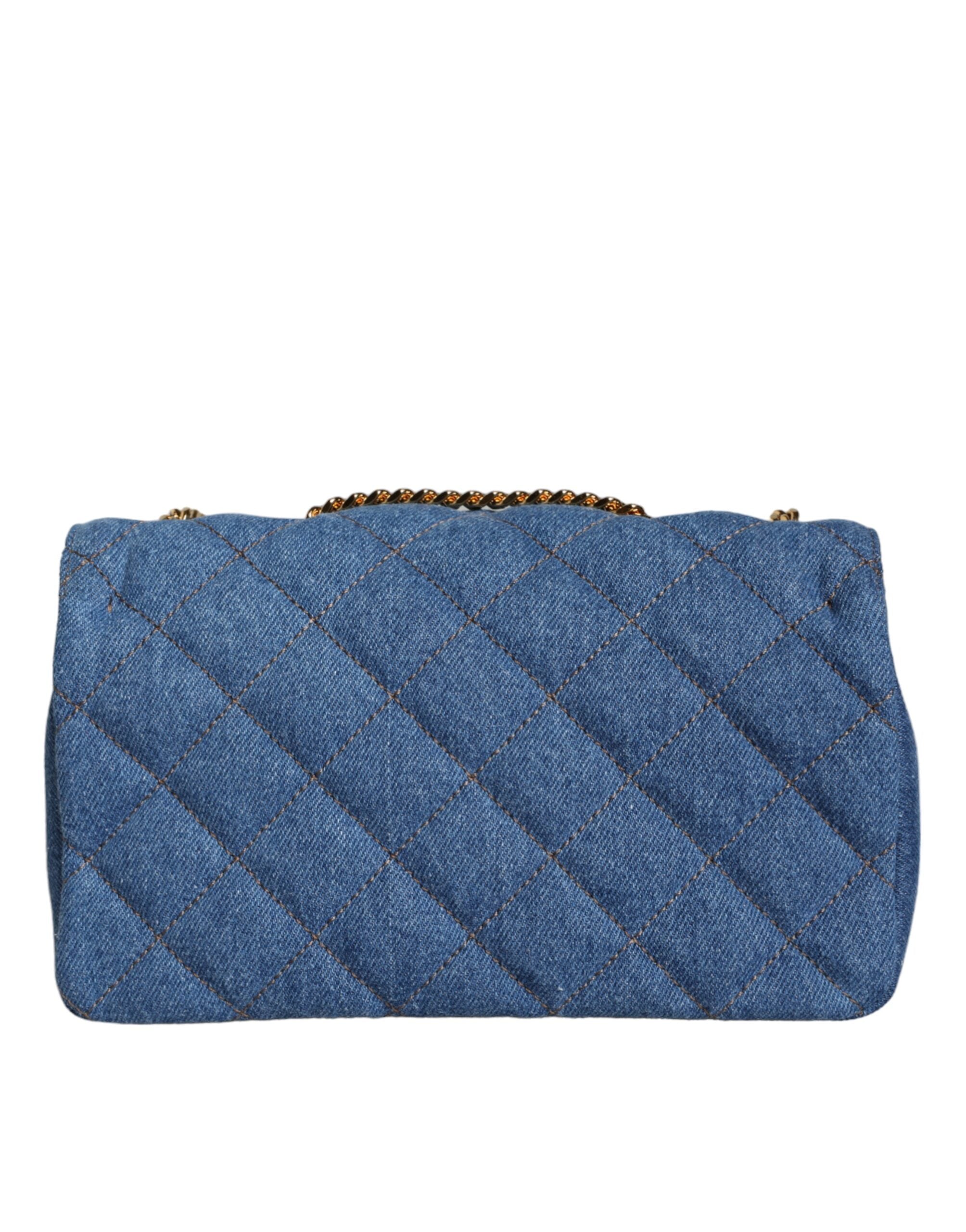 Versace Blå Quilted Denim Läder Axelremsväska
