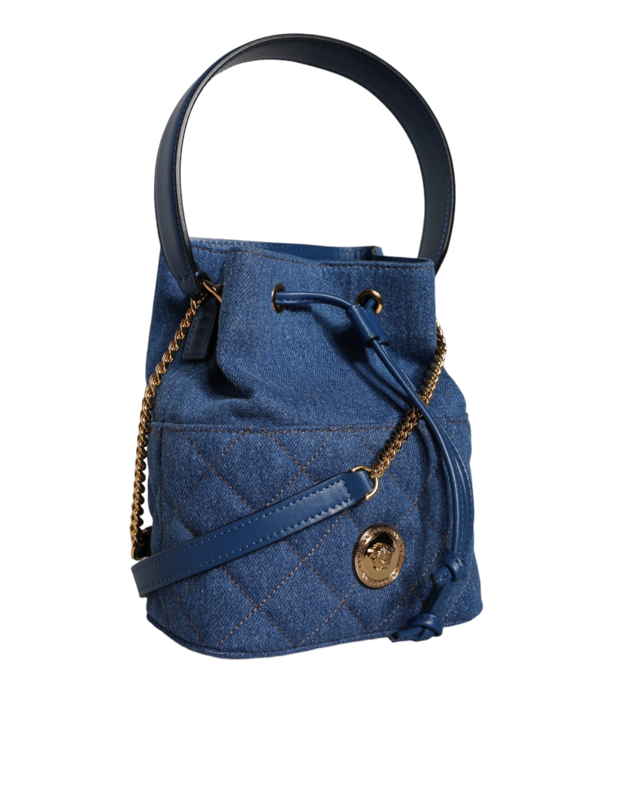 Versace Blå Quilted Denim Läder Axelremsväska