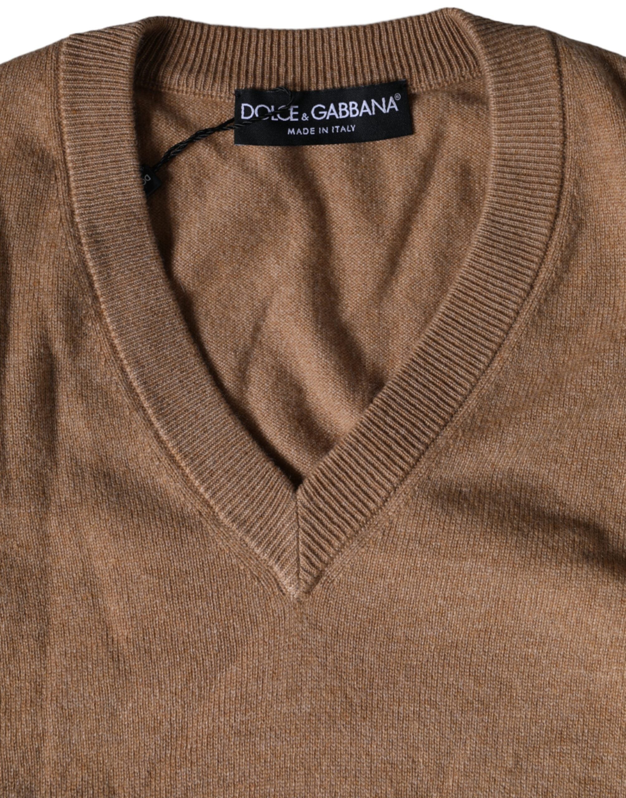 Dolce & Gabbana Brun Kashmir Stickad V-ringad Pullovertröja