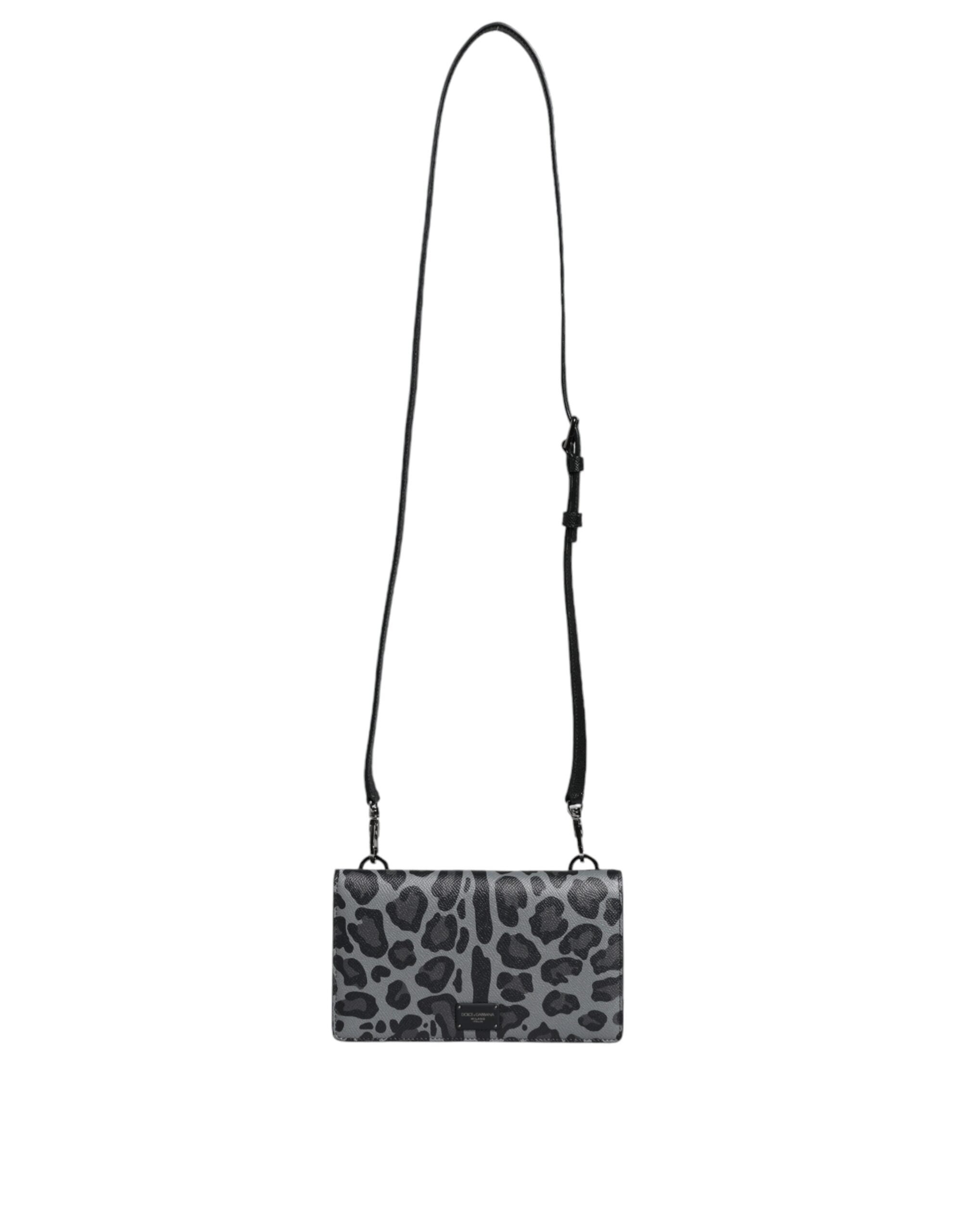 Dolce & Gabbana Svart Grå Leopard Läder Axelremsväska med Vikbart Korthållare