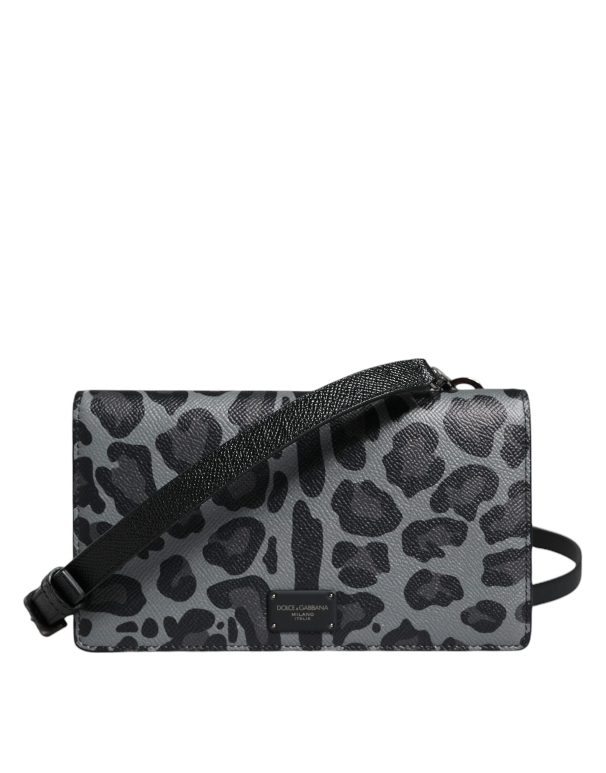 Dolce & Gabbana Svart Grå Leopard Läder Axelremsväska med Vikbart Korthållare