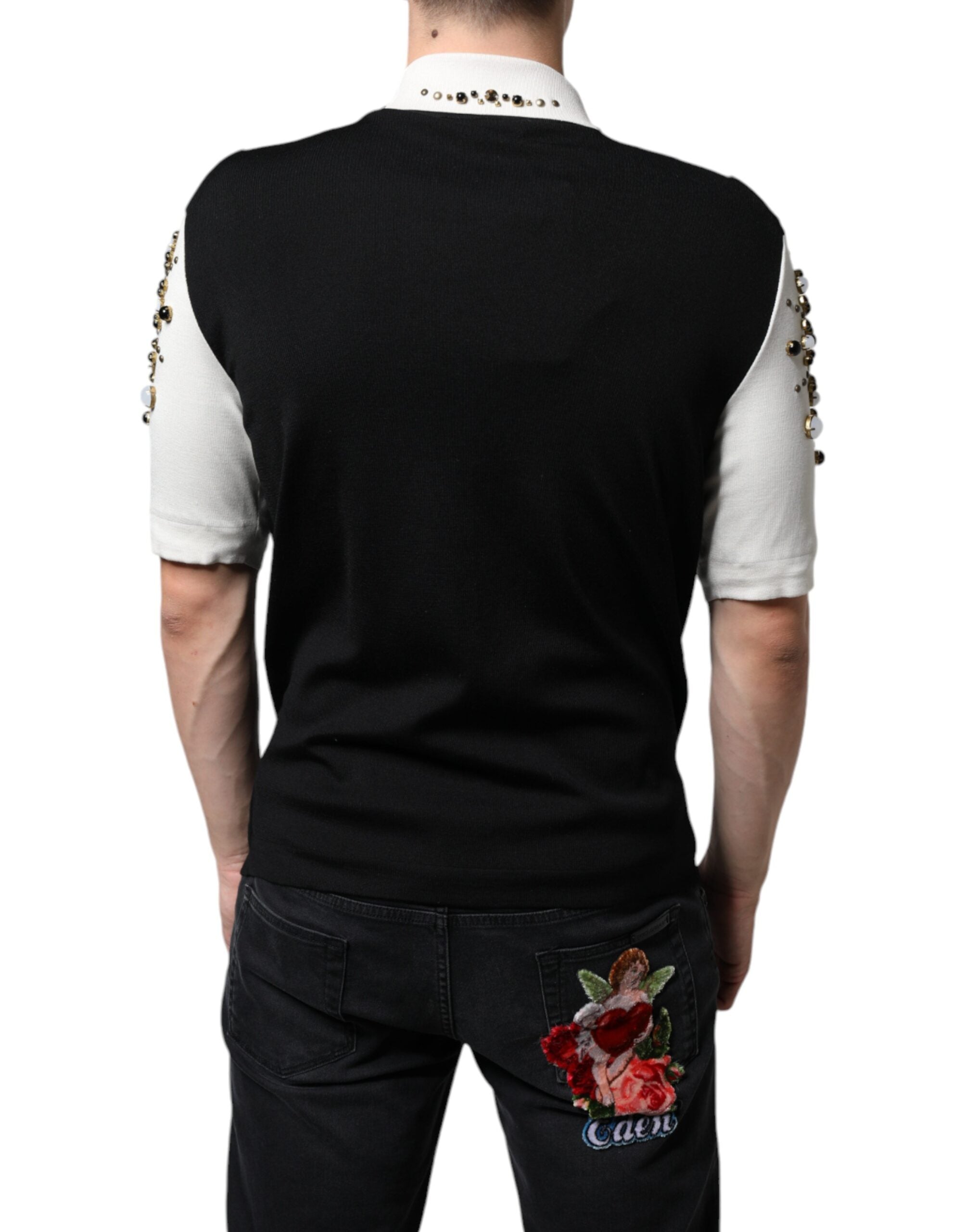 Dolce & Gabbana Vit Svart Sidenskjorta med Nitar och Kristaller