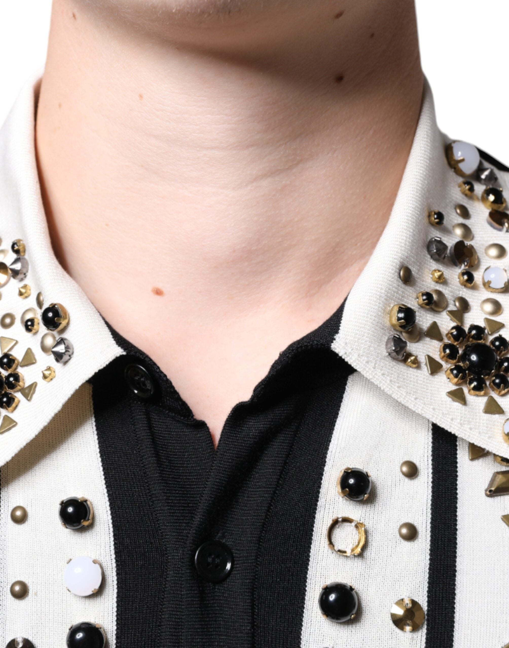 Dolce & Gabbana Vit Svart Sidenskjorta med Nitar och Kristaller