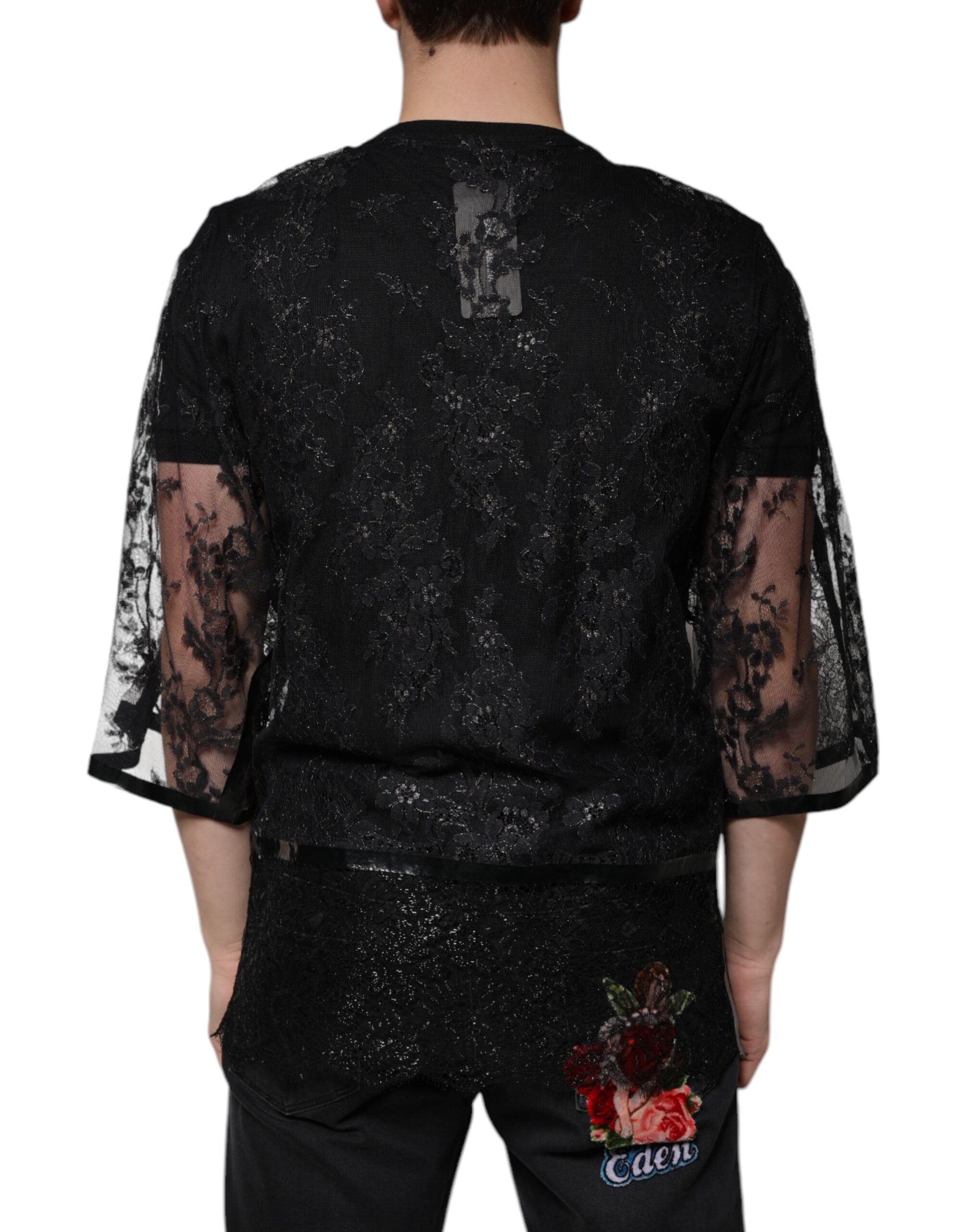 Dolce & Gabbana Svart Nylon Blommig Spets Rundringad T-shirt