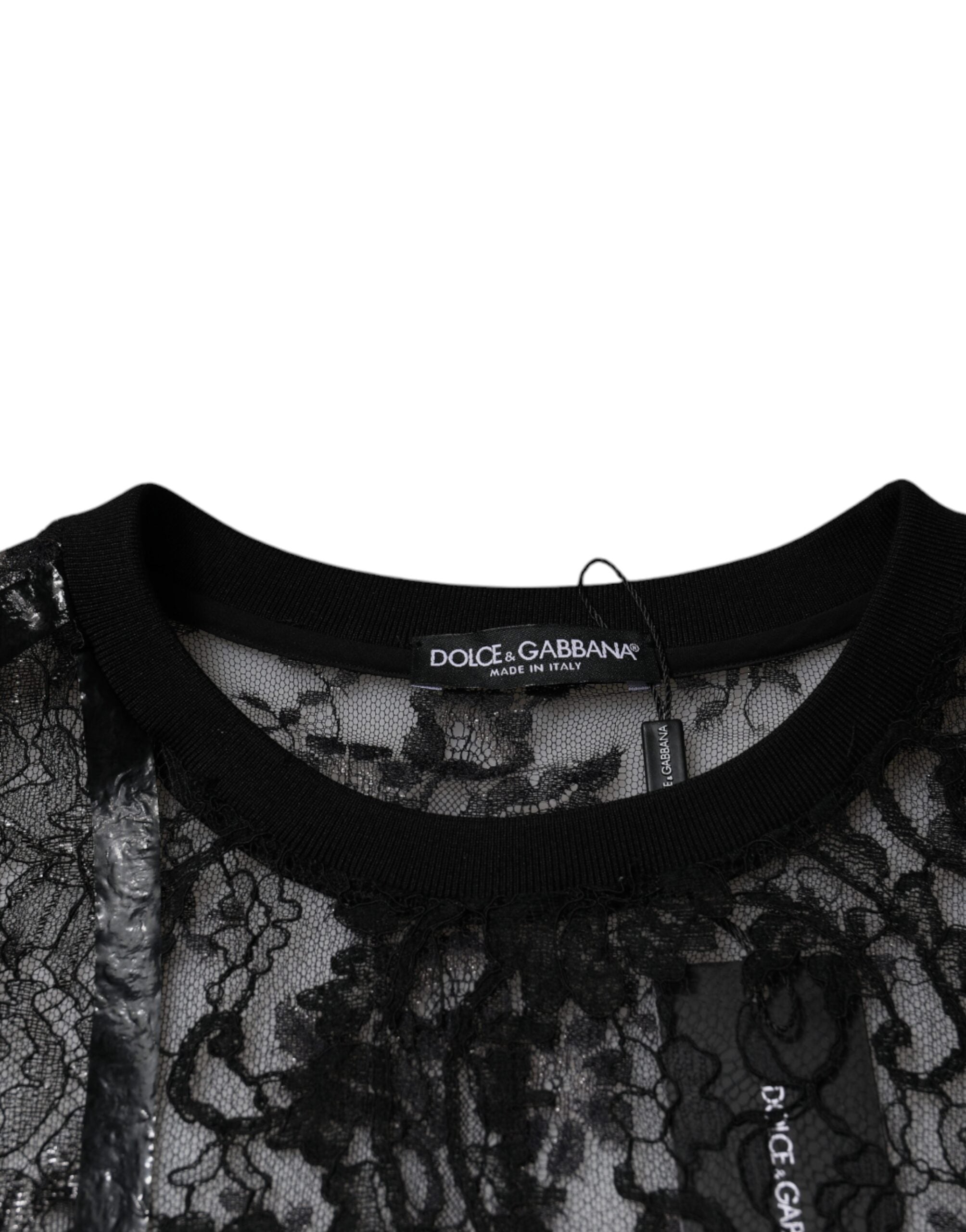 Dolce & Gabbana Svart Nylon Blommig Spets Rundringad T-shirt