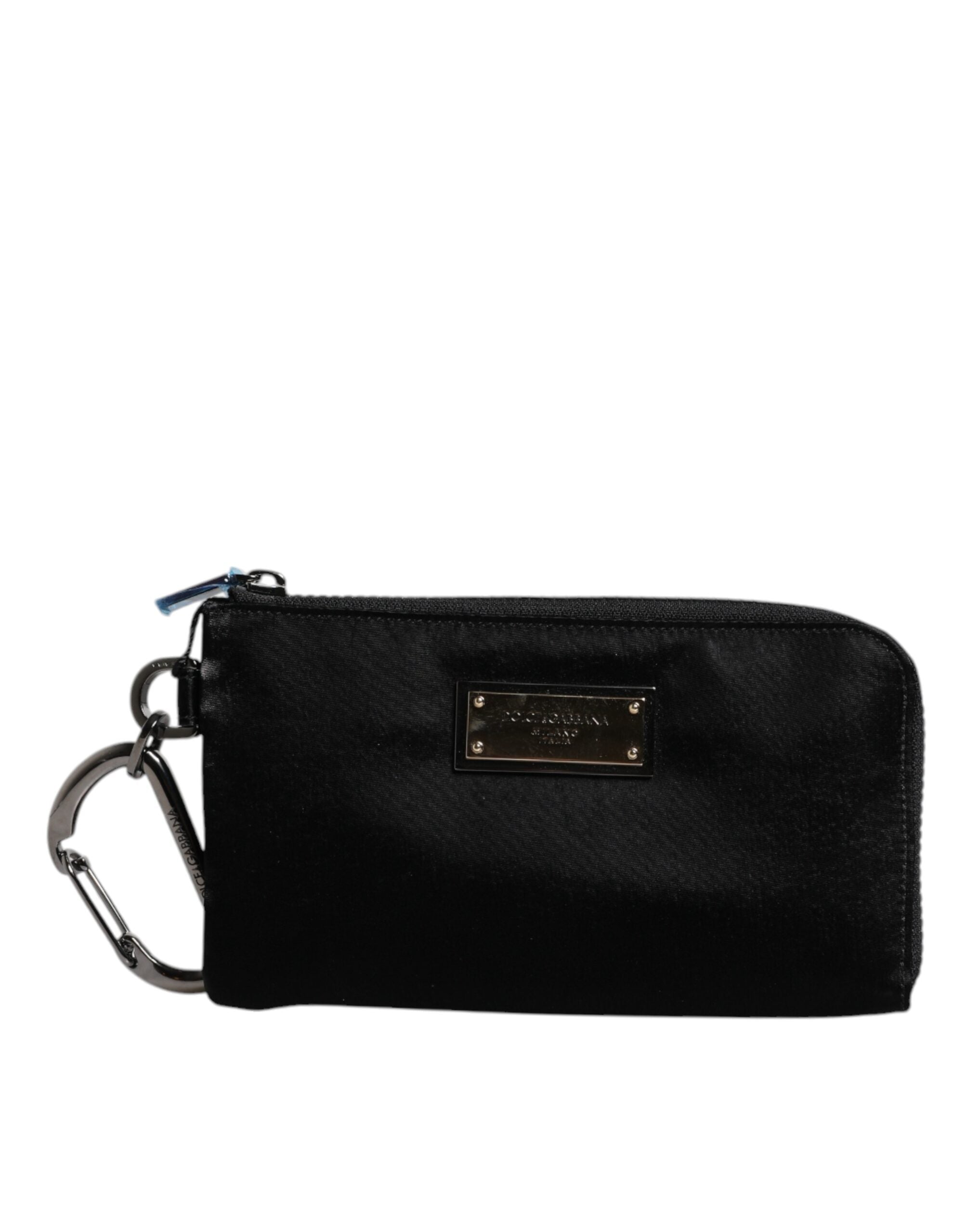 Dolce & Gabbana svart nylon nyckelringspåse med logotyp och plack kuvertväska