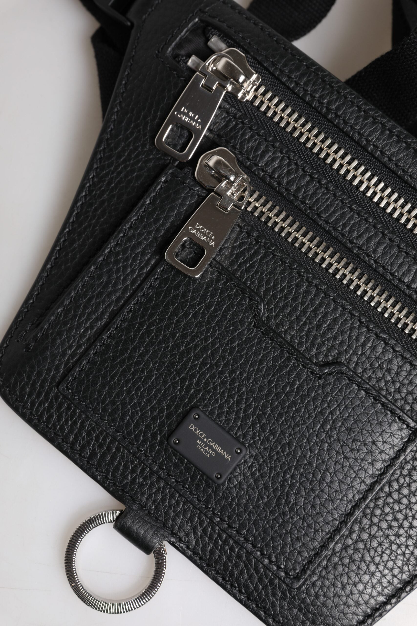 Dolce & Gabbana Svart Kalvskinnsmönstrad Midjeväska med Logotypplack och Bälte för Män