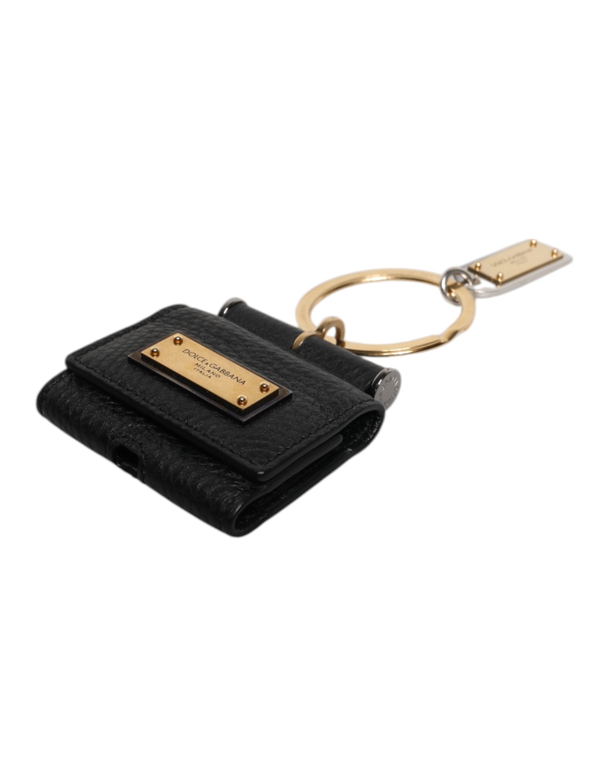 Dolce & Gabbana Svart Läderarmband Guldfärgad Metalllogotypplack Airpods-skal