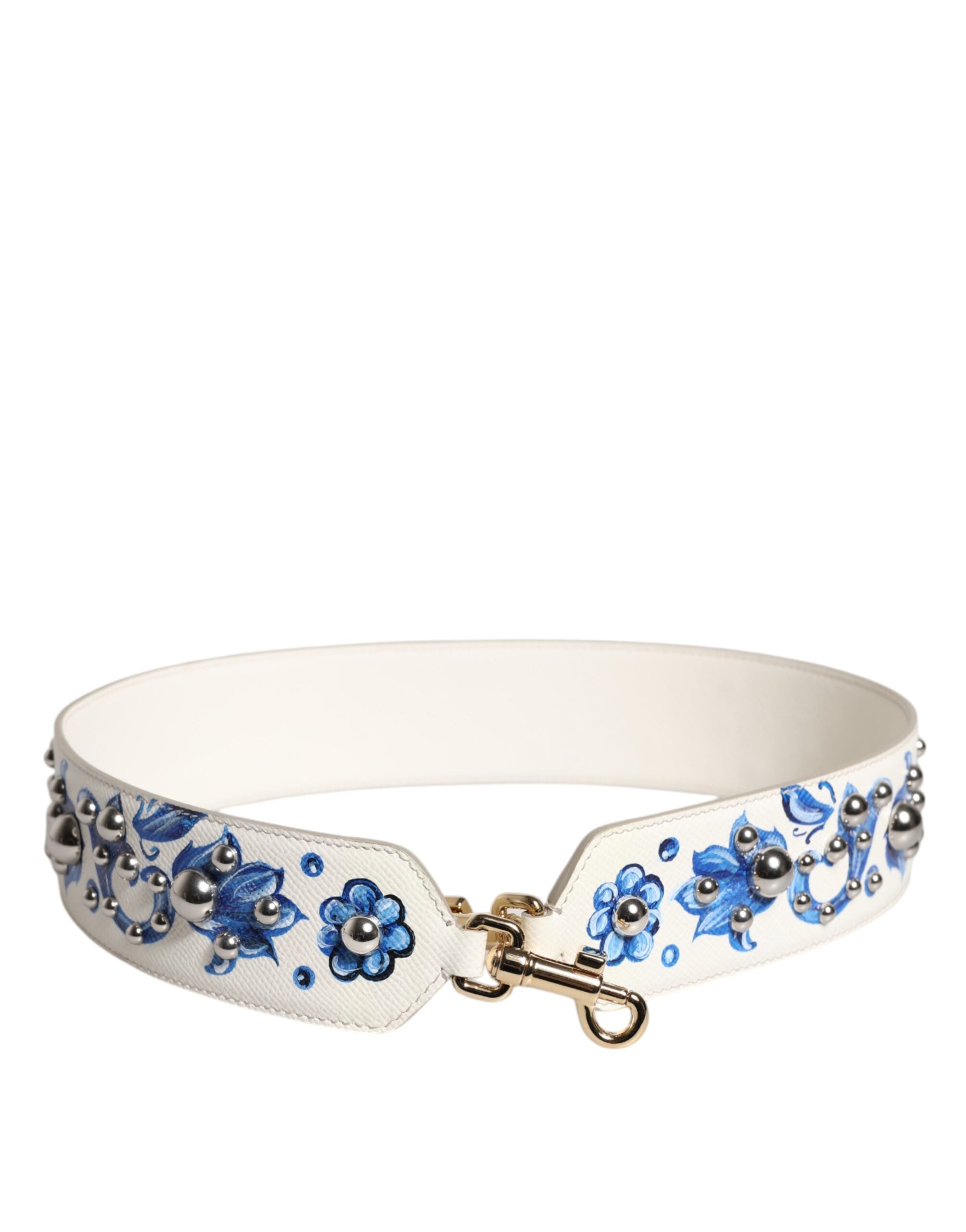 Dolce & Gabbana Vit Blå Blommig Läder Axelrem med Nitar
