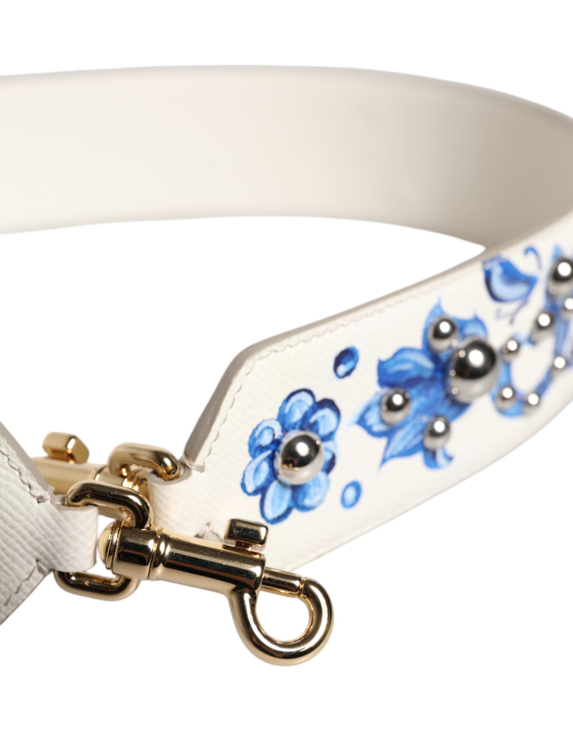 Dolce & Gabbana Vit Blå Blommig Läder Axelrem med Nitar