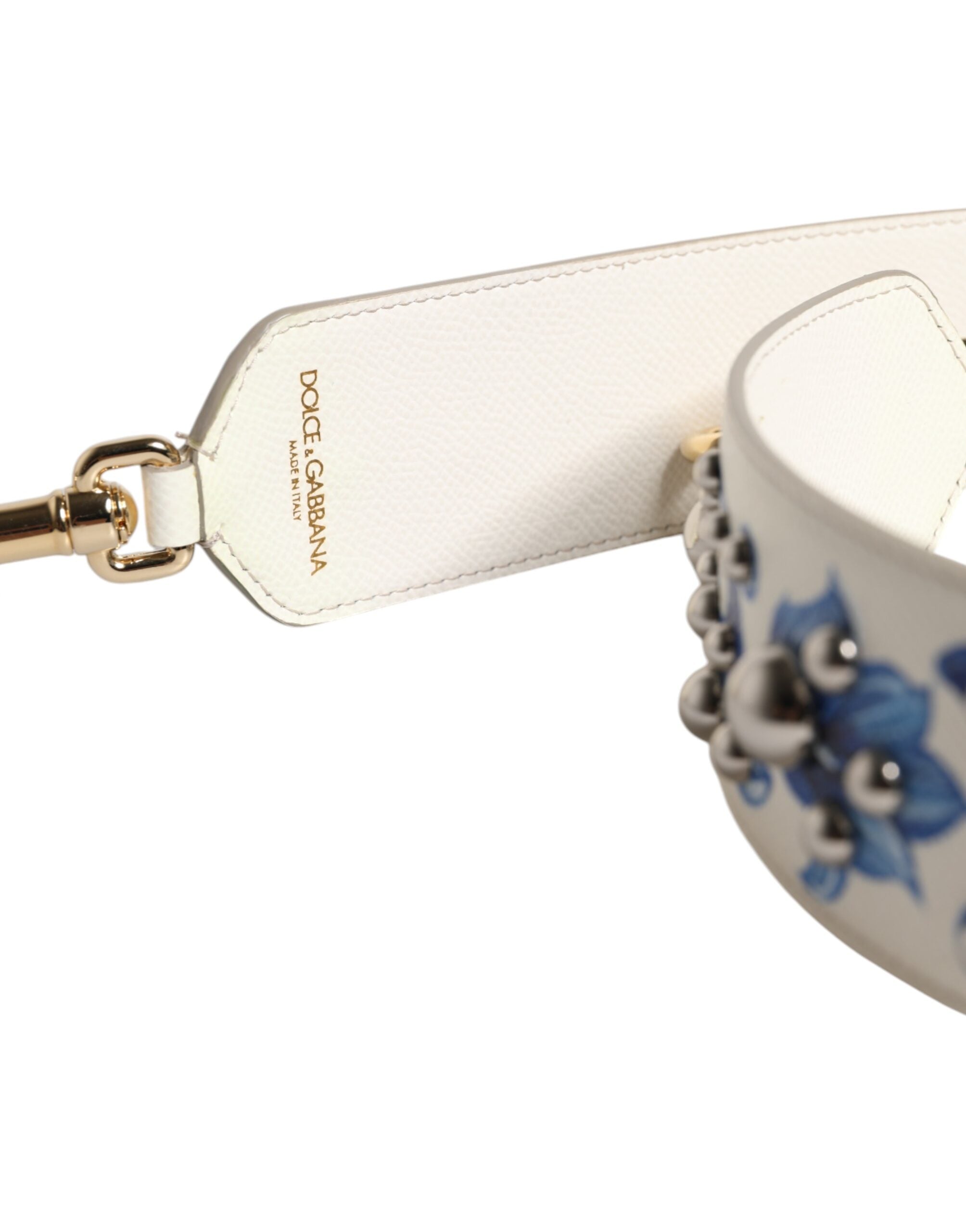 Dolce & Gabbana Vit Blå Blommig Läder Axelrem med Nitar