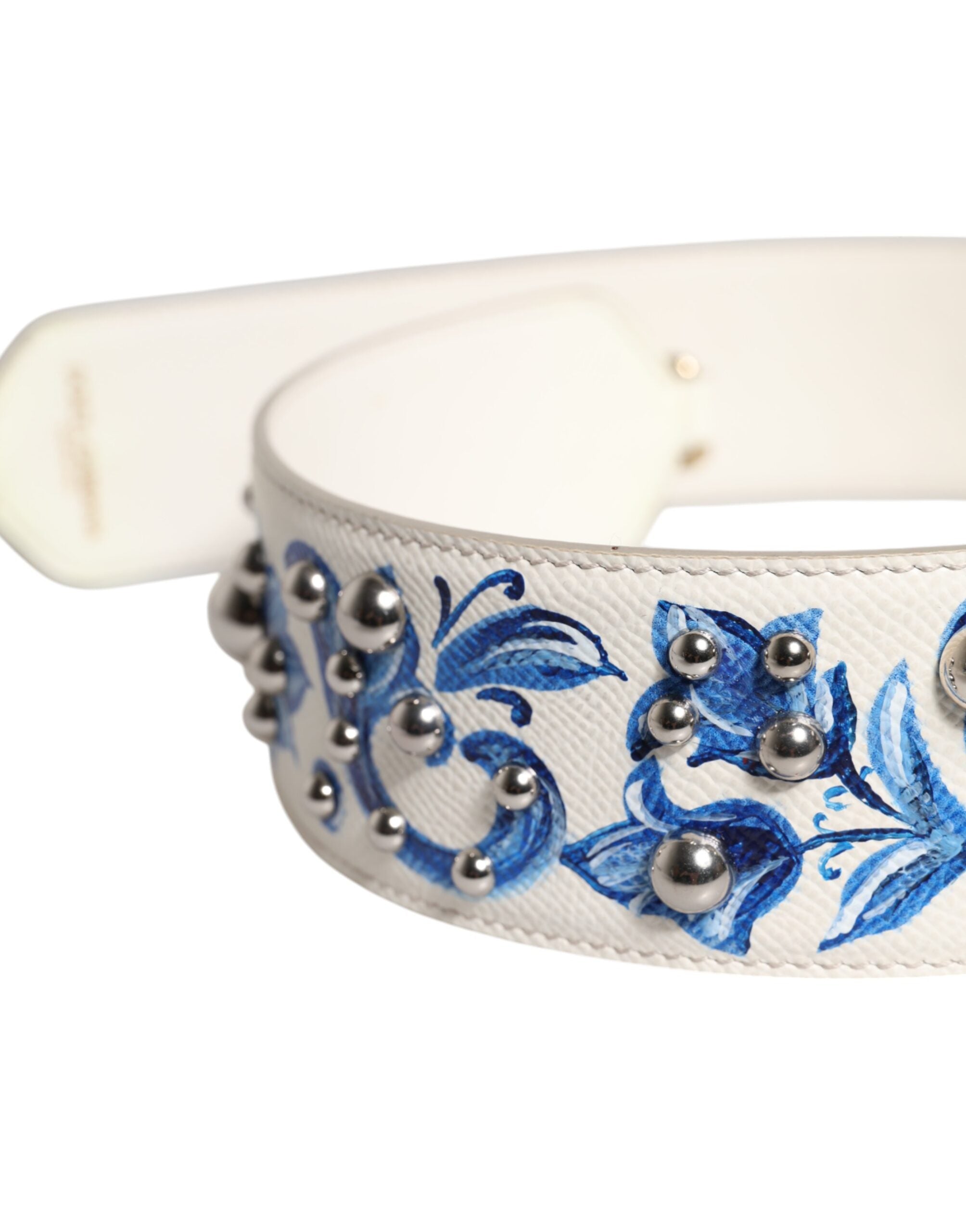 Dolce & Gabbana Vit Blå Blommig Läder Axelrem med Nitar