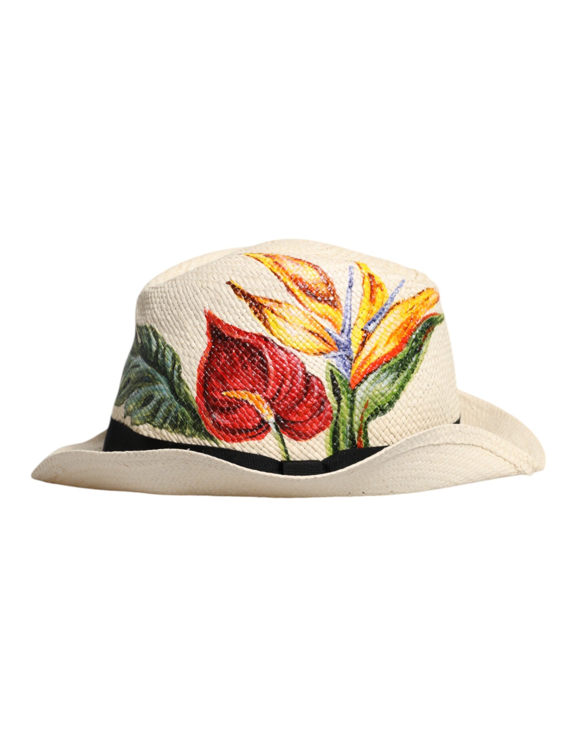 Dolce & Gabbana Beige Blommigt Mönstrat Stråhatt Med Bred Brätte Fedora