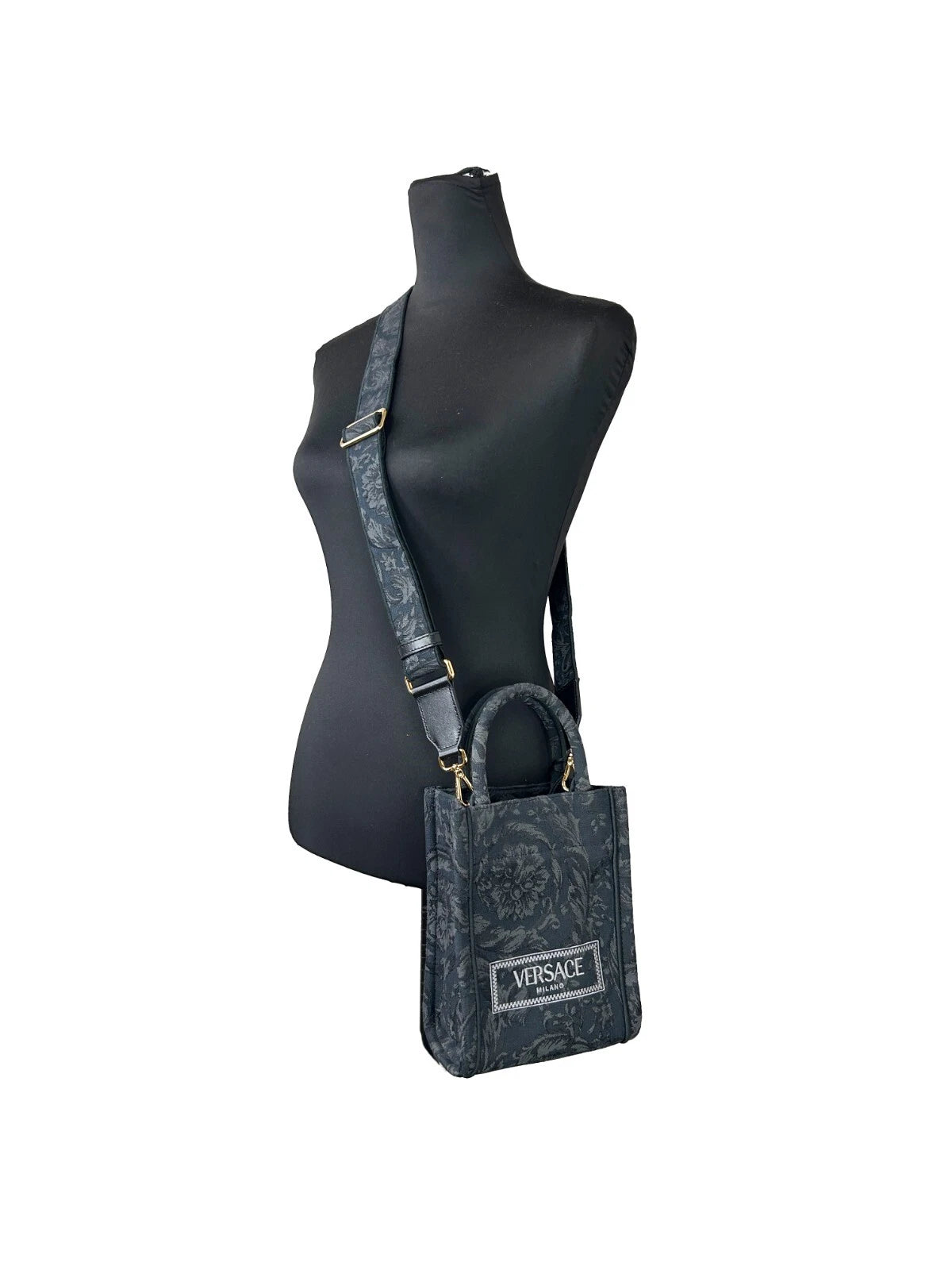 Versace Athena Barocco Mini Top Handle Tote Crossbody Bag Svart