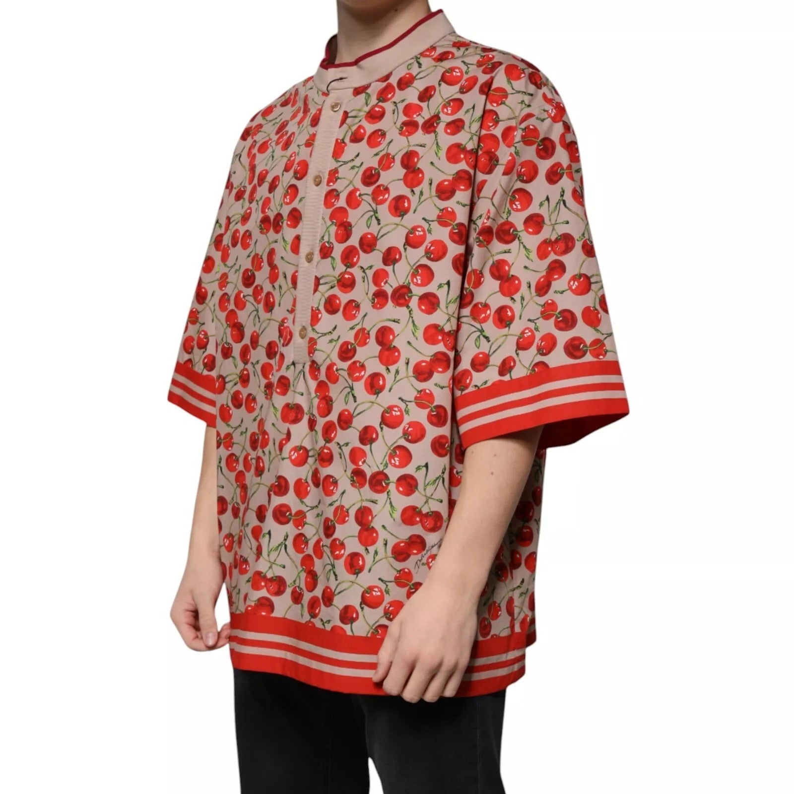 Dolce & Gabbana Beige Körsbärsfärgad Nylonknappad Casual Skjorta