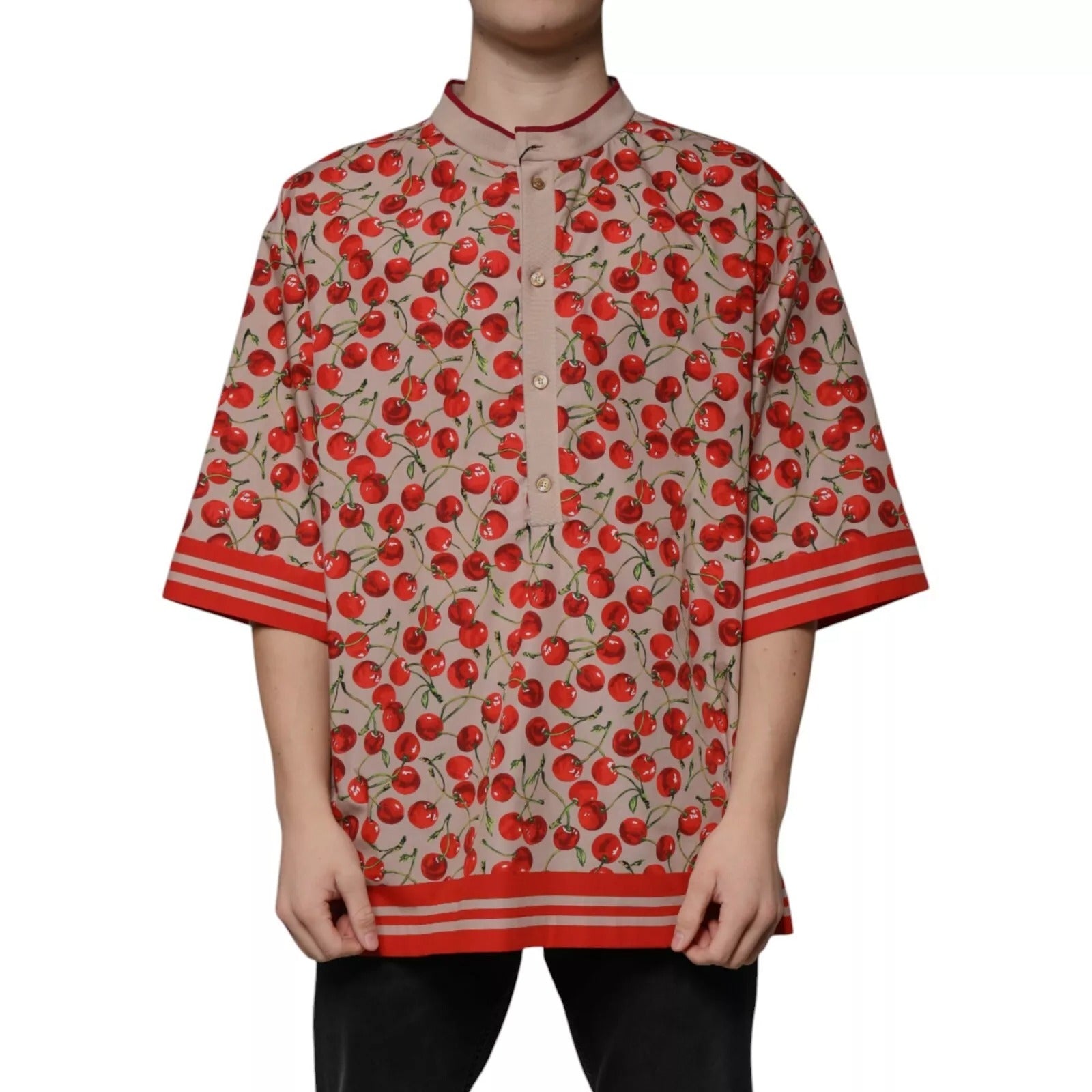 Dolce & Gabbana Beige Körsbärsfärgad Nylonknappad Casual Skjorta