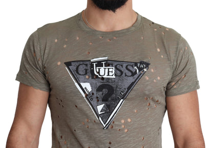 Guess Brun Bomull Stretchig Logotyptryck Herr Casual Perforerad T-shirt