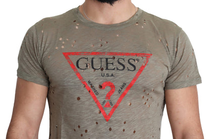 Guess Brun Bomull Stretchig Logotyptryck Herr Casual Perforerad T-shirt