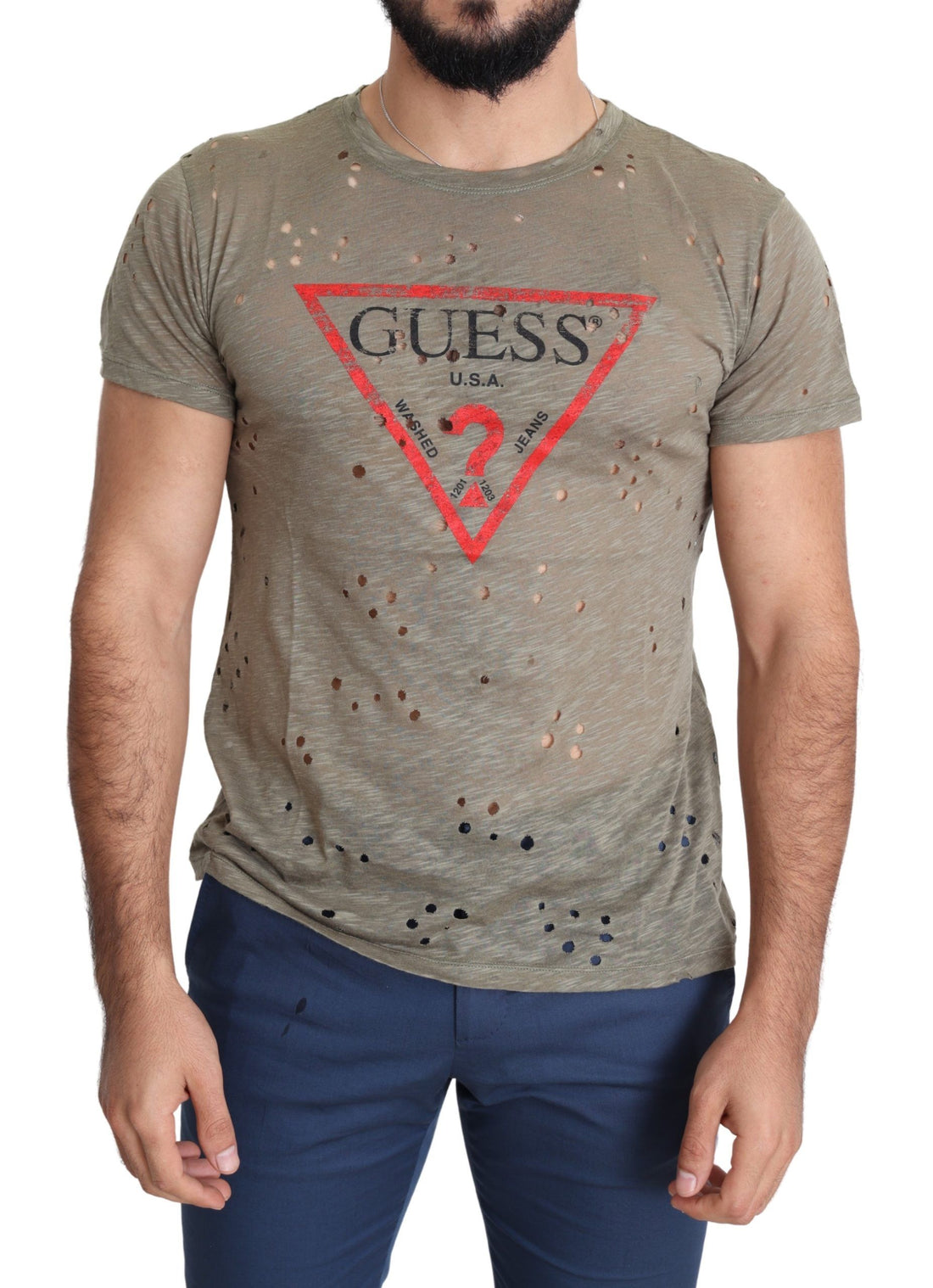 Guess Brun Bomull Stretchig Logotyptryck Herr Casual Perforerad T-shirt