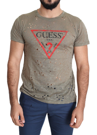 Guess Brun Bomull Stretchig Logotyptryck Herr Casual Perforerad T-shirt