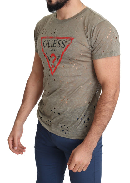 Guess Brun Bomull Stretchig Logotyptryck Herr Casual Perforerad T-shirt
