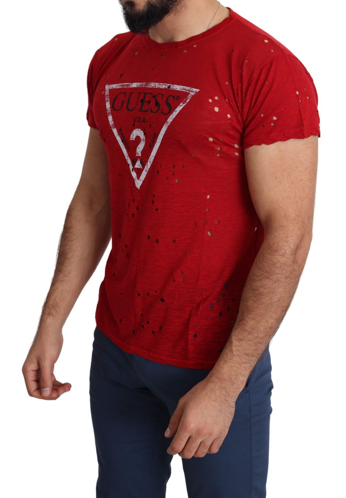 Guess Röd Bomullslogotyp Herr Avslappnad Topp Perforerad T-shirt