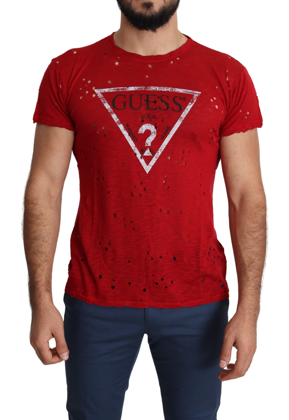 Guess Röd Bomullslogotyp Herr Avslappnad Topp Perforerad T-shirt