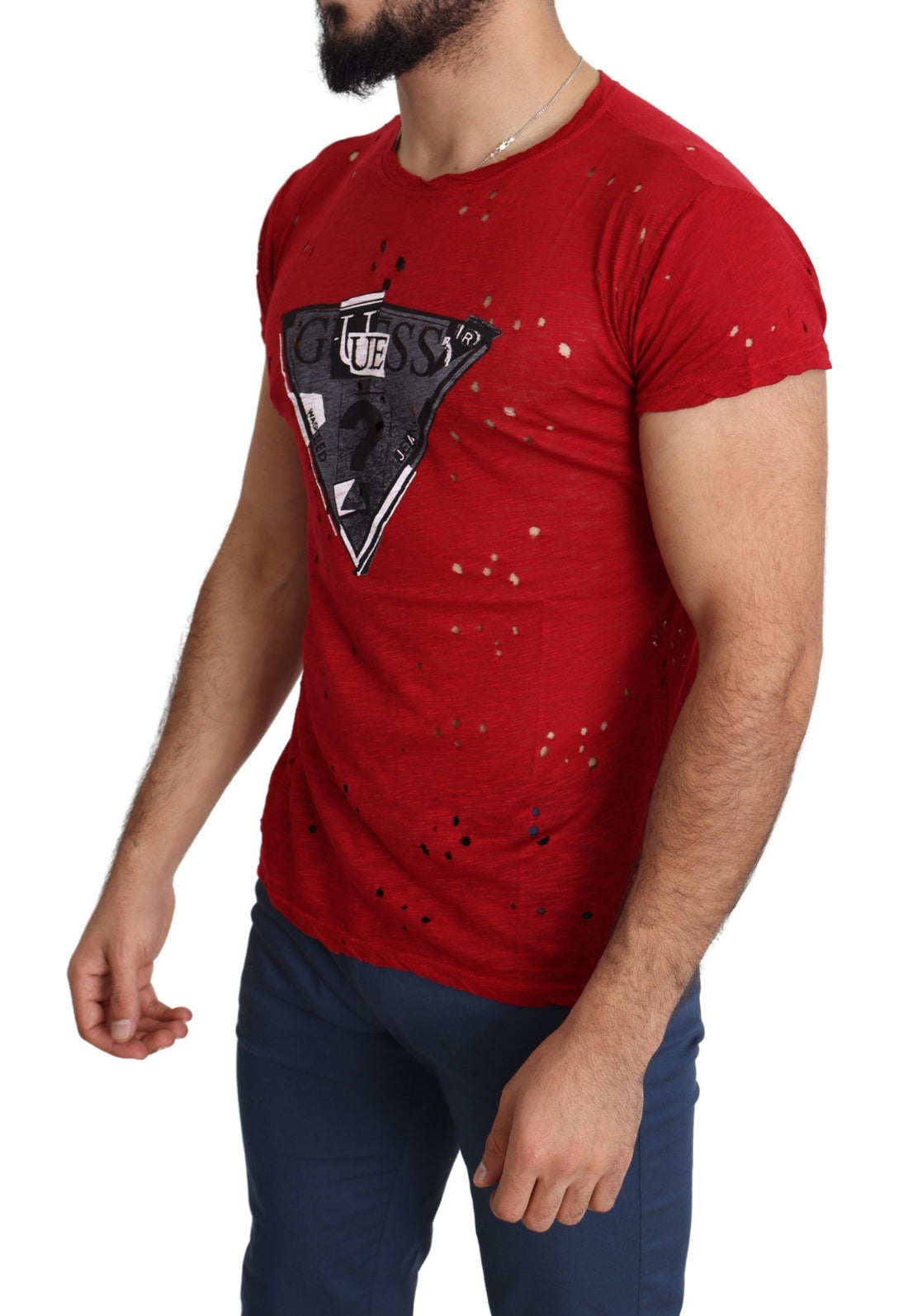 Guess Röd Bomullslogotyp Herr Avslappnad Topp Perforerad T-shirt