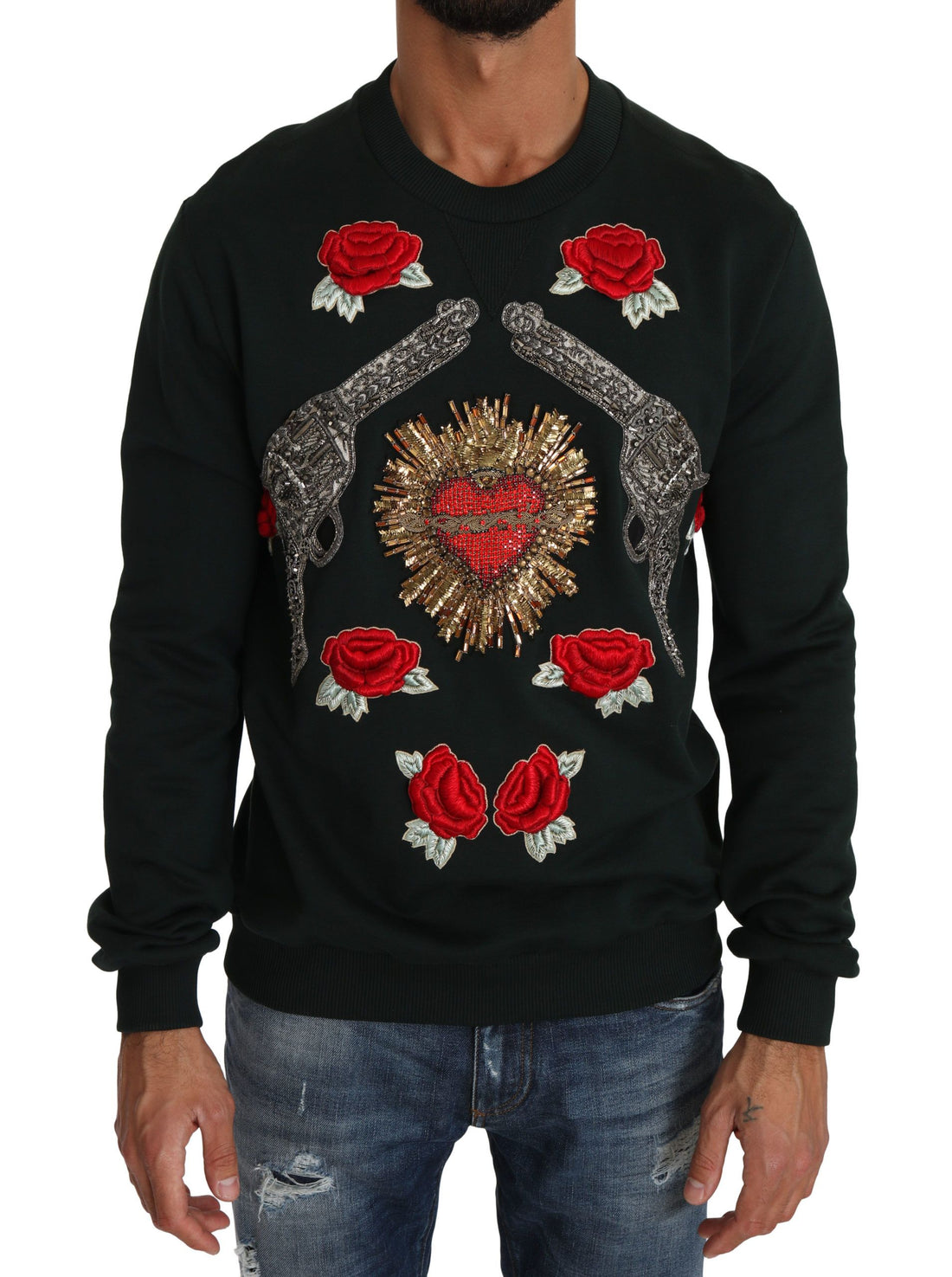 Dolce &amp;amp; Gabbana Grön Kristallhjärta Rosor Gun Tröja