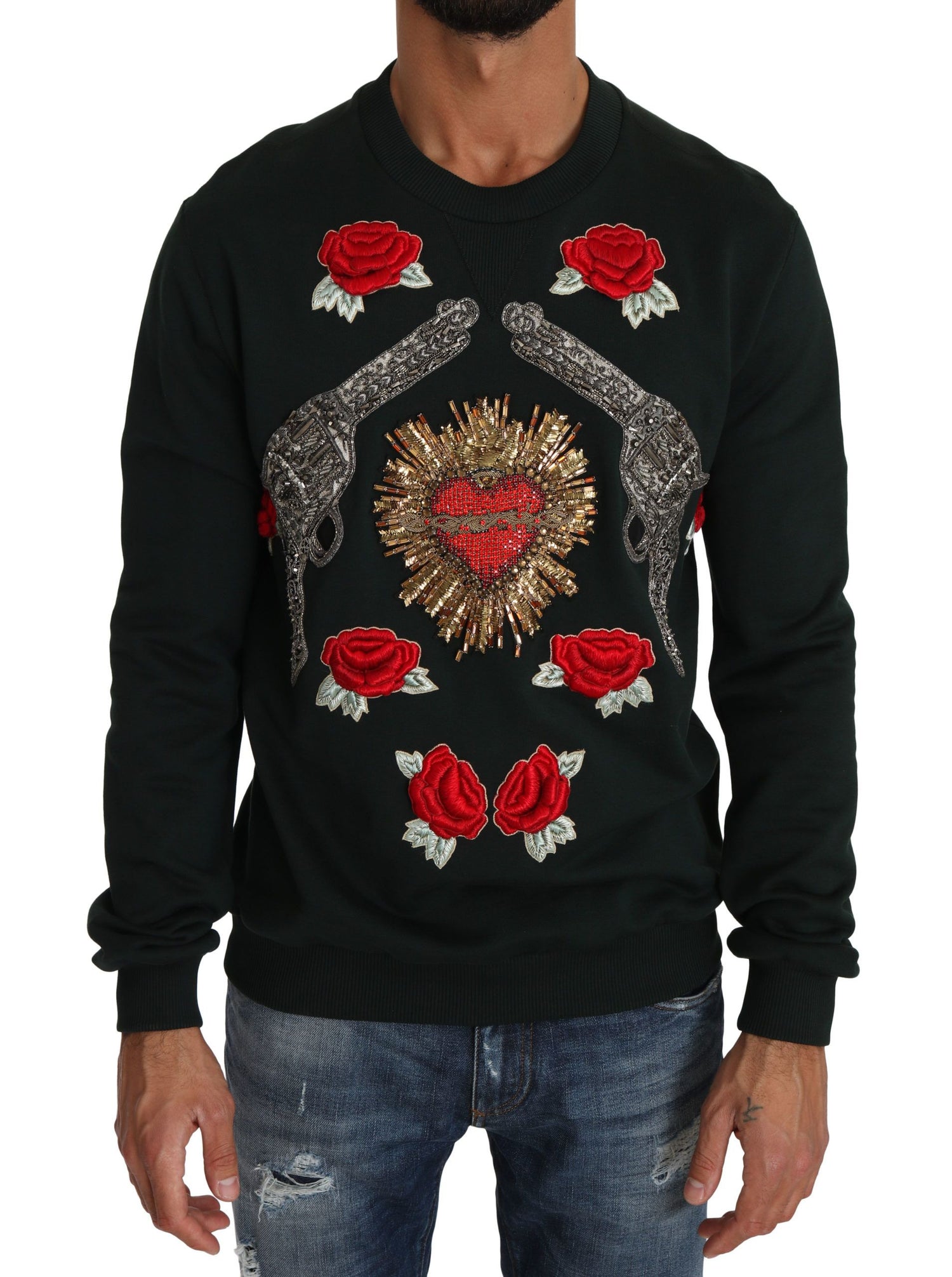 Dolce &amp;amp; Gabbana Grön Kristallhjärta Rosor Gun Tröja