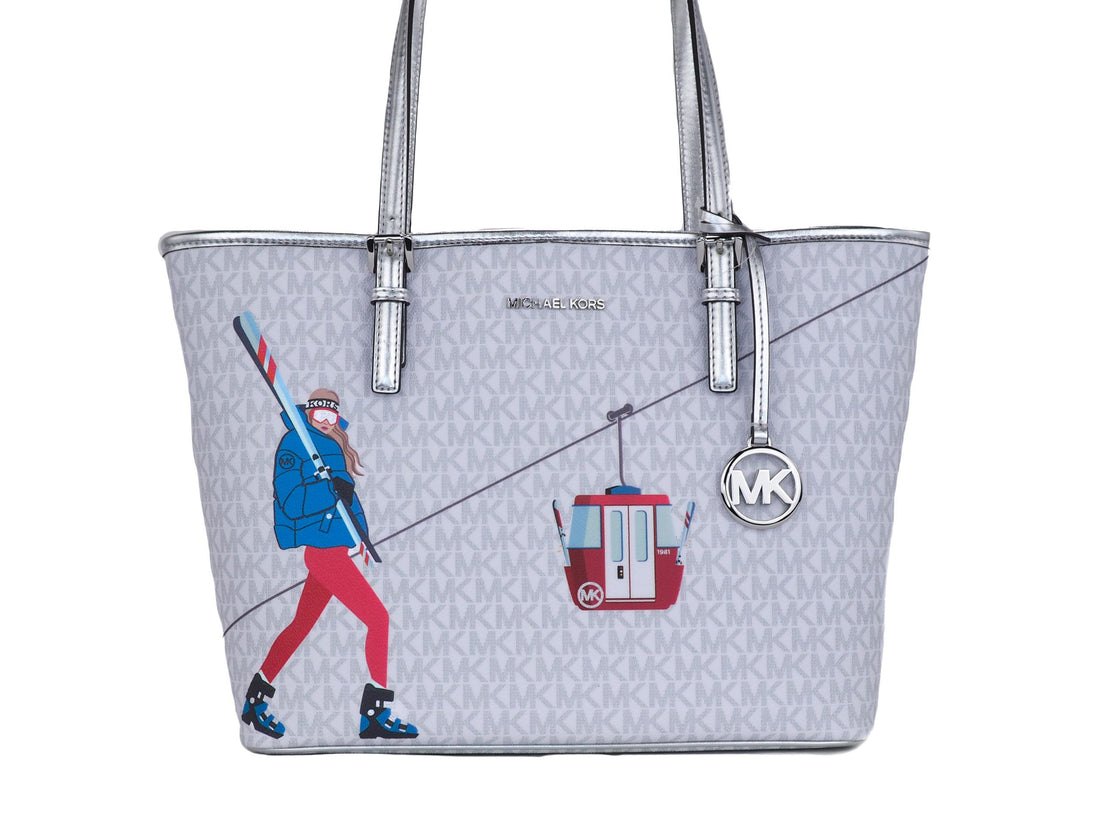 Michael Kors Jet Set Girls Print Medium Signature PVC Carryall Shoulder Tote Handväska (Ljusvit Multifärgad)