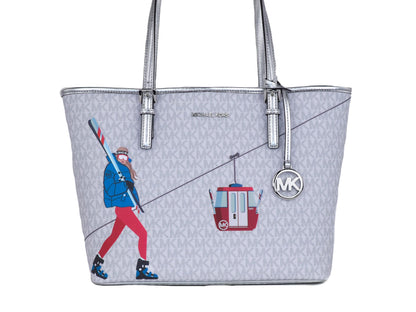 Michael Kors Jet Set Girls Print Medium Signature PVC Carryall Shoulder Tote Handväska (Ljusvit Multifärgad)