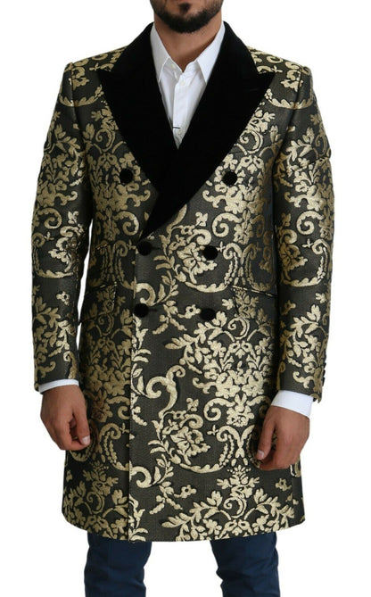 Dolce &amp;amp; Gabbana Svart Guld Jacquard Lång Kappa SICILIA Jacka