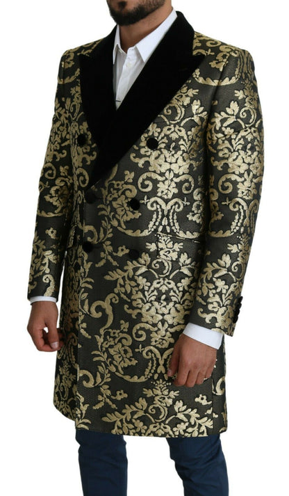 Dolce &amp;amp; Gabbana Svart Guld Jacquard Lång Kappa SICILIA Jacka