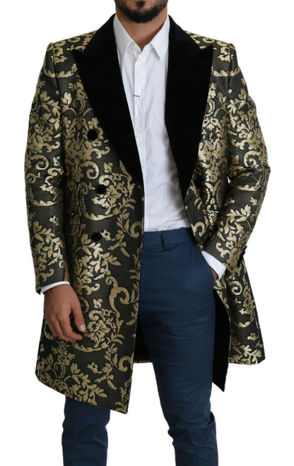 Dolce &amp;amp; Gabbana Svart Guld Jacquard Lång Kappa SICILIA Jacka