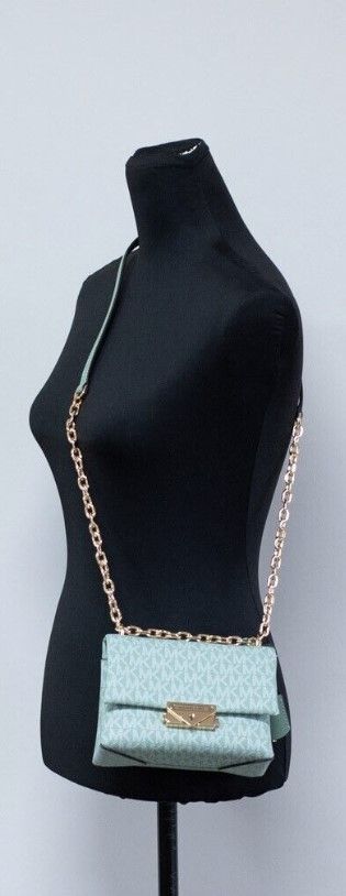 Michael Kors Cece Liten Havsgrön Signature PVC Konvertibel Axelremsväska med Flap