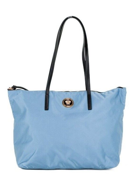 Versace Portuna Medusa Medium Blåklint Blå Nylon Läder Tote Bag Plånbok