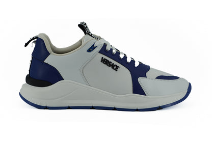 Versace eleganta blå och vita lädersneakers