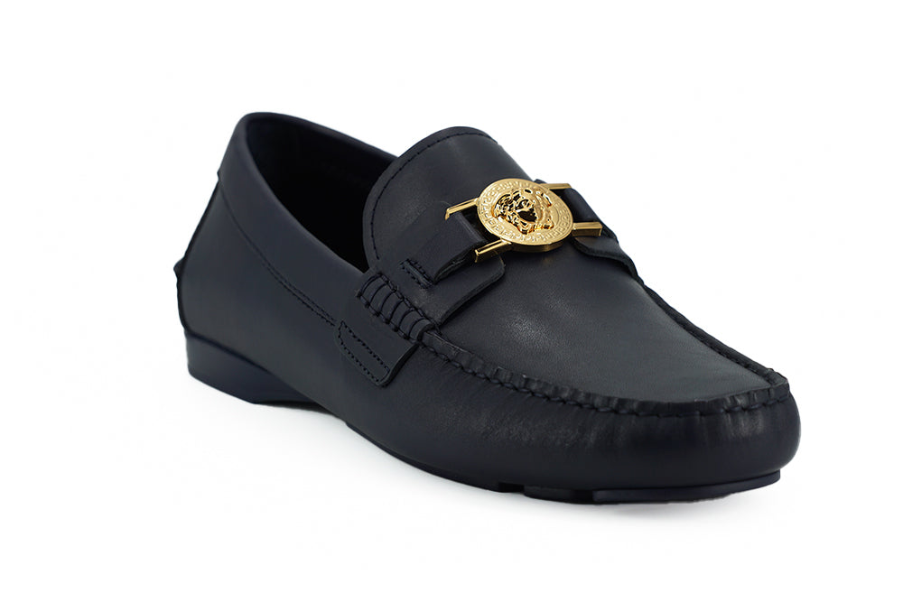 Versace Eleganta Marinblå Loafers i Kalvskinn