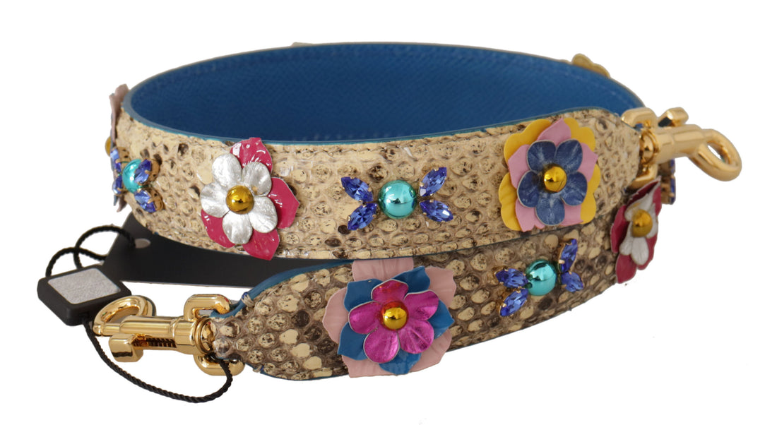 Dolce &amp;amp; Gabbana Beige Python Läder Axelrem Med Blommor Och Nitar