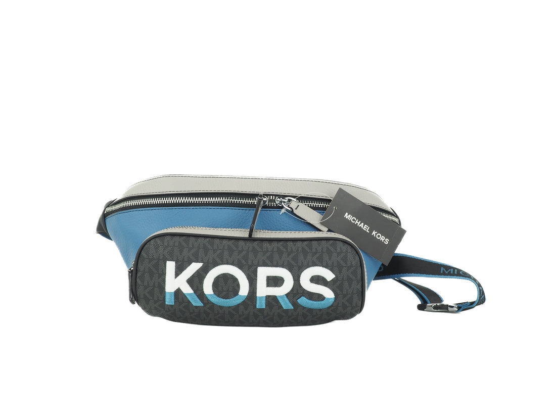 Michael Kors Cooper stor blå multifärgad läderväska med broderad logotyp
