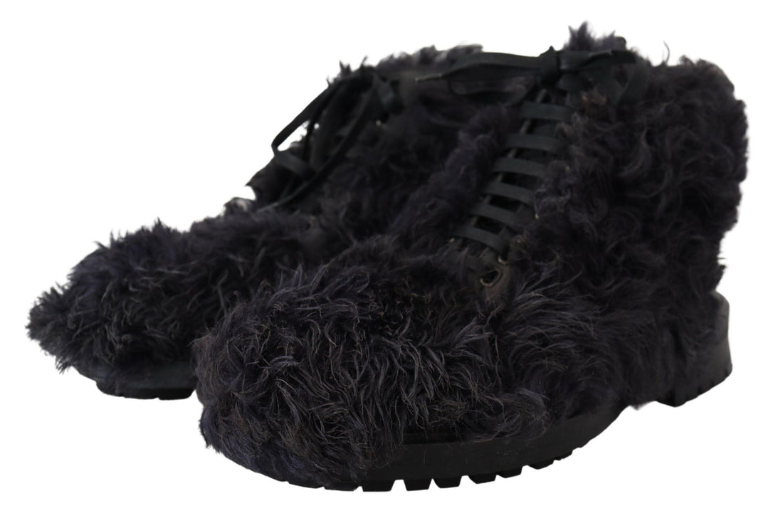 Dolce &amp;amp; Gabbana Svarta Läderstövlar i Combat Shearling-läder