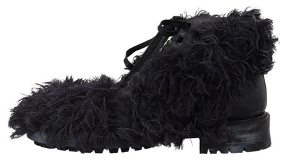 Dolce &amp;amp; Gabbana Svarta Läderstövlar i Combat Shearling-läder