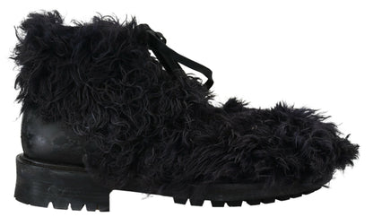 Dolce &amp;amp; Gabbana Svarta Läderstövlar i Combat Shearling-läder