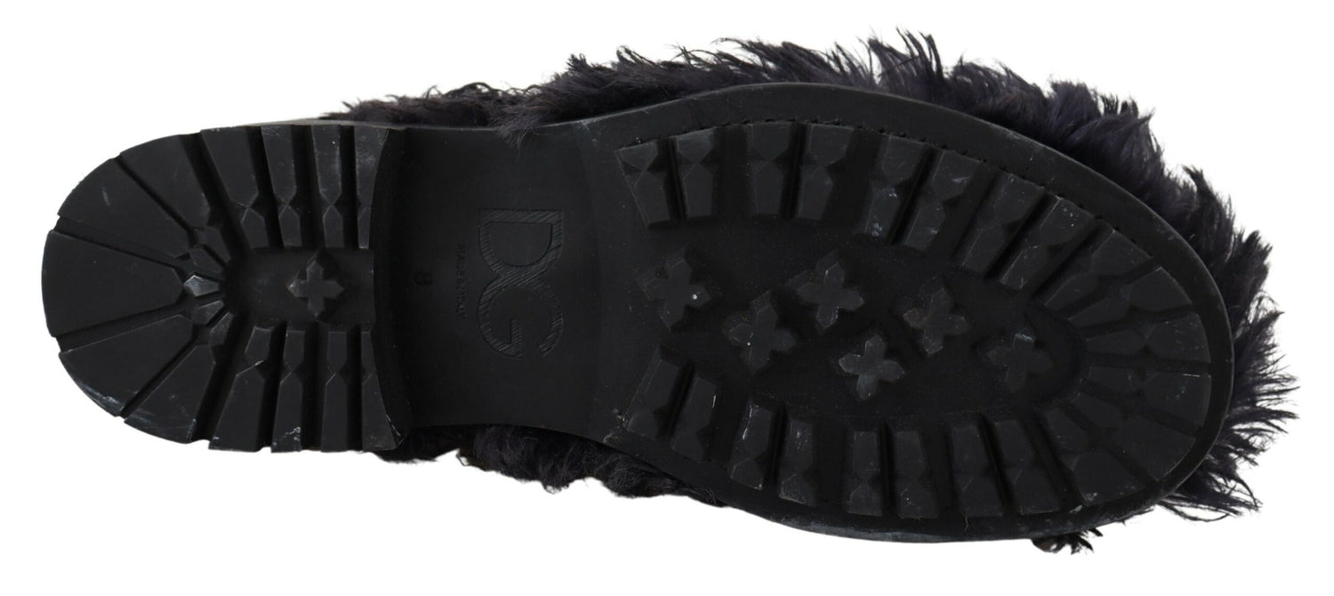 Dolce &amp;amp; Gabbana Svarta Läderstövlar i Combat Shearling-läder