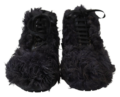 Dolce &amp;amp; Gabbana Svarta Läderstövlar i Combat Shearling-läder