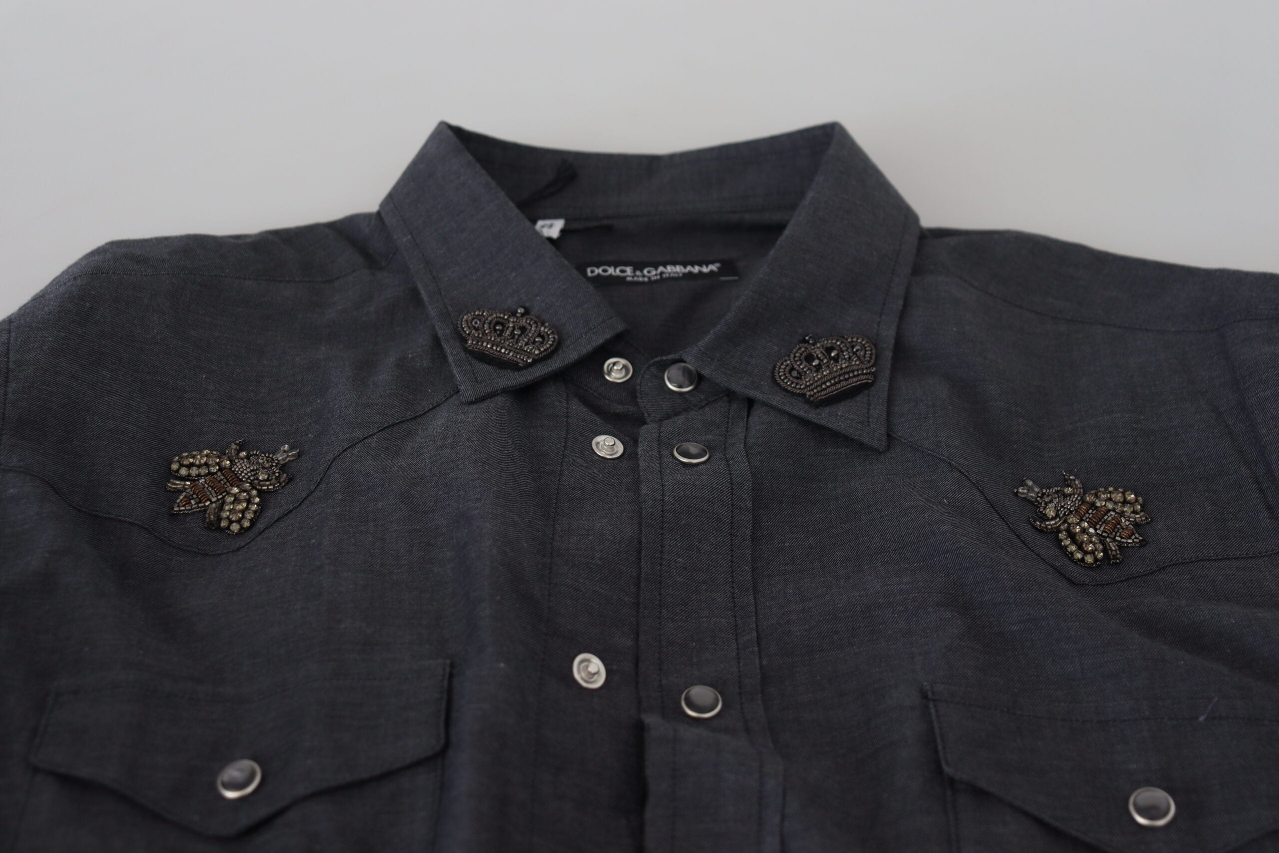 Dolce &amp;amp; Gabbana Blå Bomullsdenimskjorta med Kristallbi